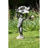 A FLORENTINE LEAD FIGURAL BIRD BATH