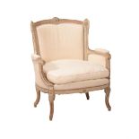 A FRENCH GREY PAINTED CARVED BEECH AND UPHOLSTERED ARMCHAIR IN LOUIS XVI STYLE