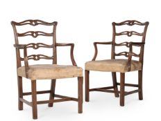 A PAIR OF GEORGE III MAHOGANY LADDER BACK ARMCHAIRS