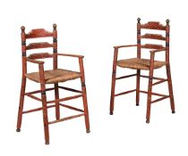 A PAIR OF SCANDINAVIAN RED AND POLYCHROME PAINTED SIDE CHAIRS