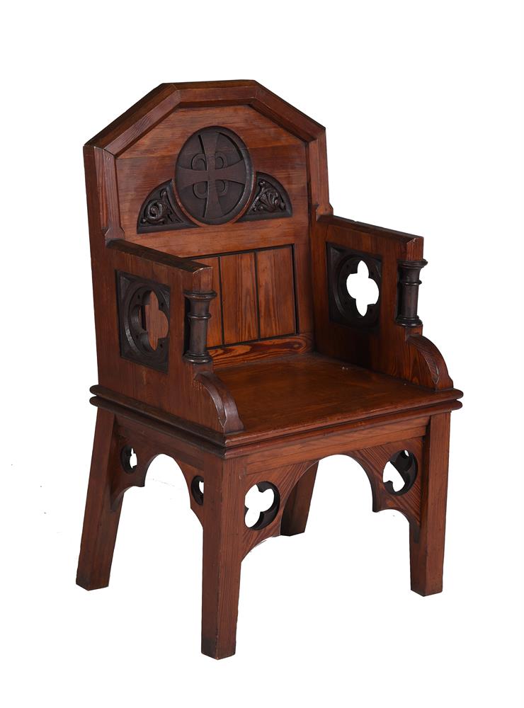 A VICTORIAN PITCH PINE THRONE ARMCHAIR, BY COX & SONS - Image 2 of 4