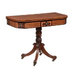 Y A GEORGE IV MAHOGANY, ROSEWOOD BANDED AND EBONISED CARD TABLE