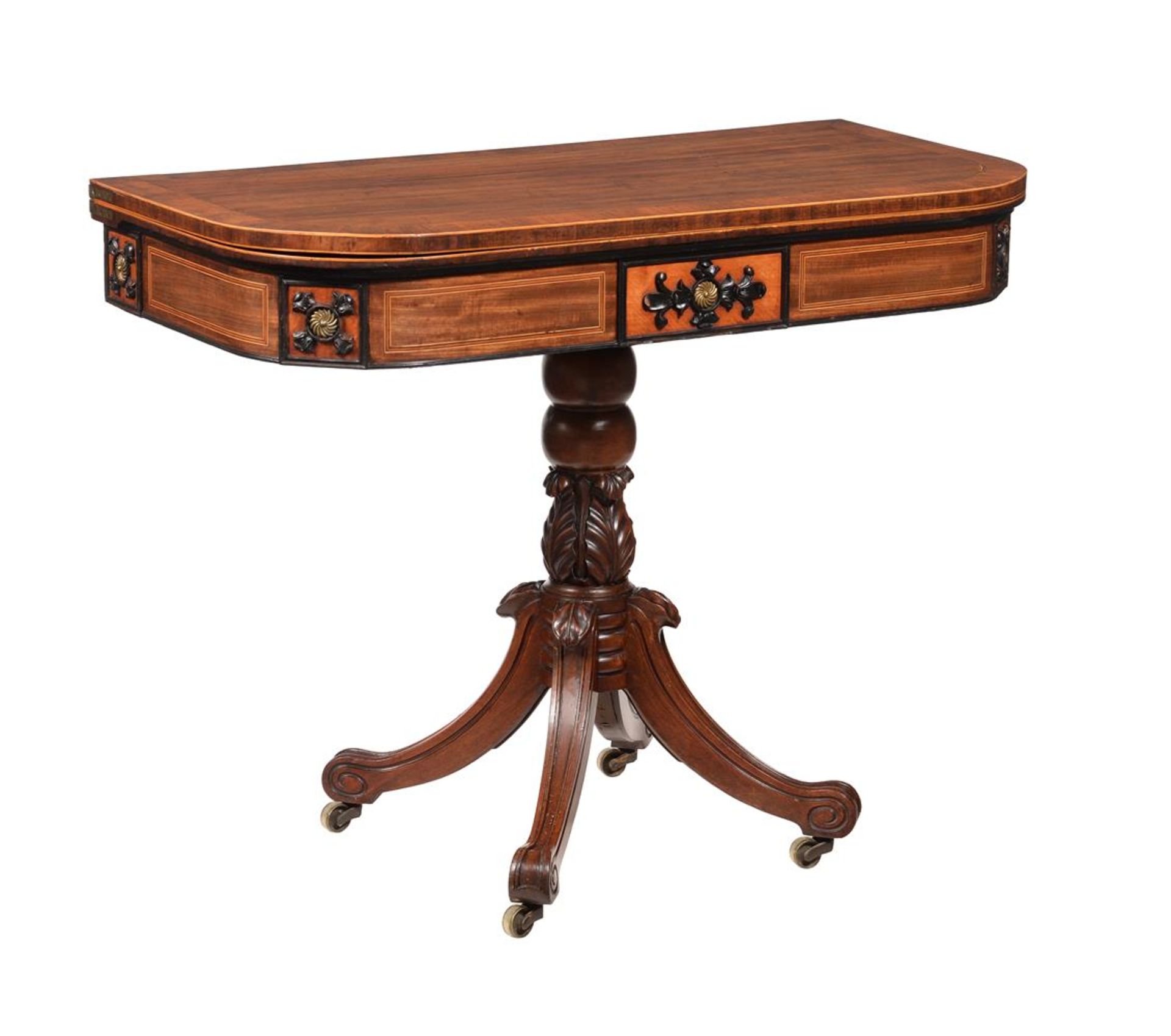 Y A GEORGE IV MAHOGANY, ROSEWOOD BANDED AND EBONISED CARD TABLE