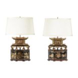 A PAIR OF CHINESE EBONISED AND CARVED GILTWOOD BLACK LACQUER LAMP BASES