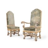 A SET OF EIGHT CARVED SILVERED WOOD HIGH BACK CHAIRS