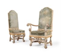 A SET OF EIGHT CARVED SILVERED WOOD HIGH BACK CHAIRS