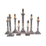 THREE PAIRS OF SILVER PLATED COLUMNAR TABLE LAMPSLATE 19TH AND 20TH CENTURYOf columnar form in the