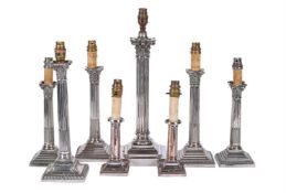 THREE PAIRS OF SILVER PLATED COLUMNAR TABLE LAMPSLATE 19TH AND 20TH CENTURYOf columnar form in the