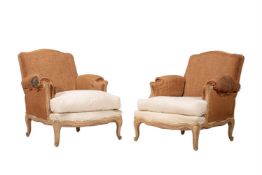 A PAIR OF LIMED BEECH AND CALICO UPHOLSTERED ARMCHAIRS IN LOUIS XV STYLE
