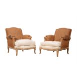 A PAIR OF LIMED BEECH AND CALICO UPHOLSTERED ARMCHAIRS IN LOUIS XV STYLE