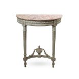 A GREY PAINTED CARVED WOOD AND MARBLE MOUNTED CONSOLE TABLE IN LOUIS XVI STYLE