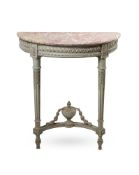 A GREY PAINTED CARVED WOOD AND MARBLE MOUNTED CONSOLE TABLE IN LOUIS XVI STYLE