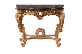 A GILTWOOD AND PORTORO MARBLE TOPPED CONSOLE TABLE