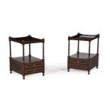 A PAIR OF SIMULATED ROSEWOOD AND PARCEL GILT TWO-TIER ETAGERES OR SIDE TABLES IN REGENCY STYLE