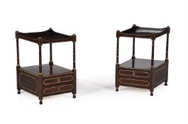 A PAIR OF SIMULATED ROSEWOOD AND PARCEL GILT TWO-TIER ETAGERES OR SIDE TABLES IN REGENCY STYLE