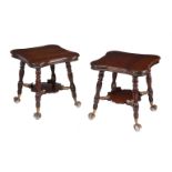 A PAIR OF STAINED HARDWOOD AND GILT METAL MOUNTED CENTRE TABLES IN THE STYLE OF CHARLES EASTLAKE