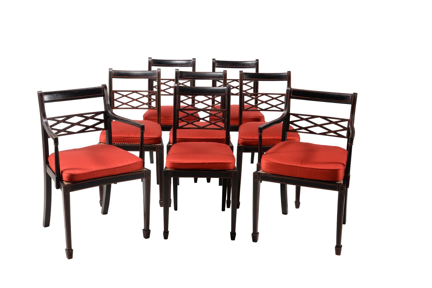 A SET OF EIGHT EBONISED AND PARCEL RED PAINTED DINING CHAIRS IN REGENCY STYLE - Image 2 of 4