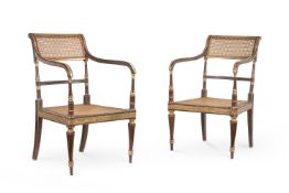 A PAIR OF GEORGE III SIMULATED ROSEWOOD AND PARCEL GILT ARMCHAIRS