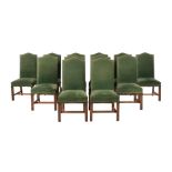 A SET OF TWELVE MAHOGANY AND GREEN VELVET UPHOLSTERED DINING CHAIRS