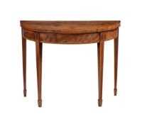 Y A GEORGE III MAHOGANY AND SATINWOOD AND TULIPWOOD CROSSBANDED DEMI-LUNE CARD TABLE, LATE 18TH CENT