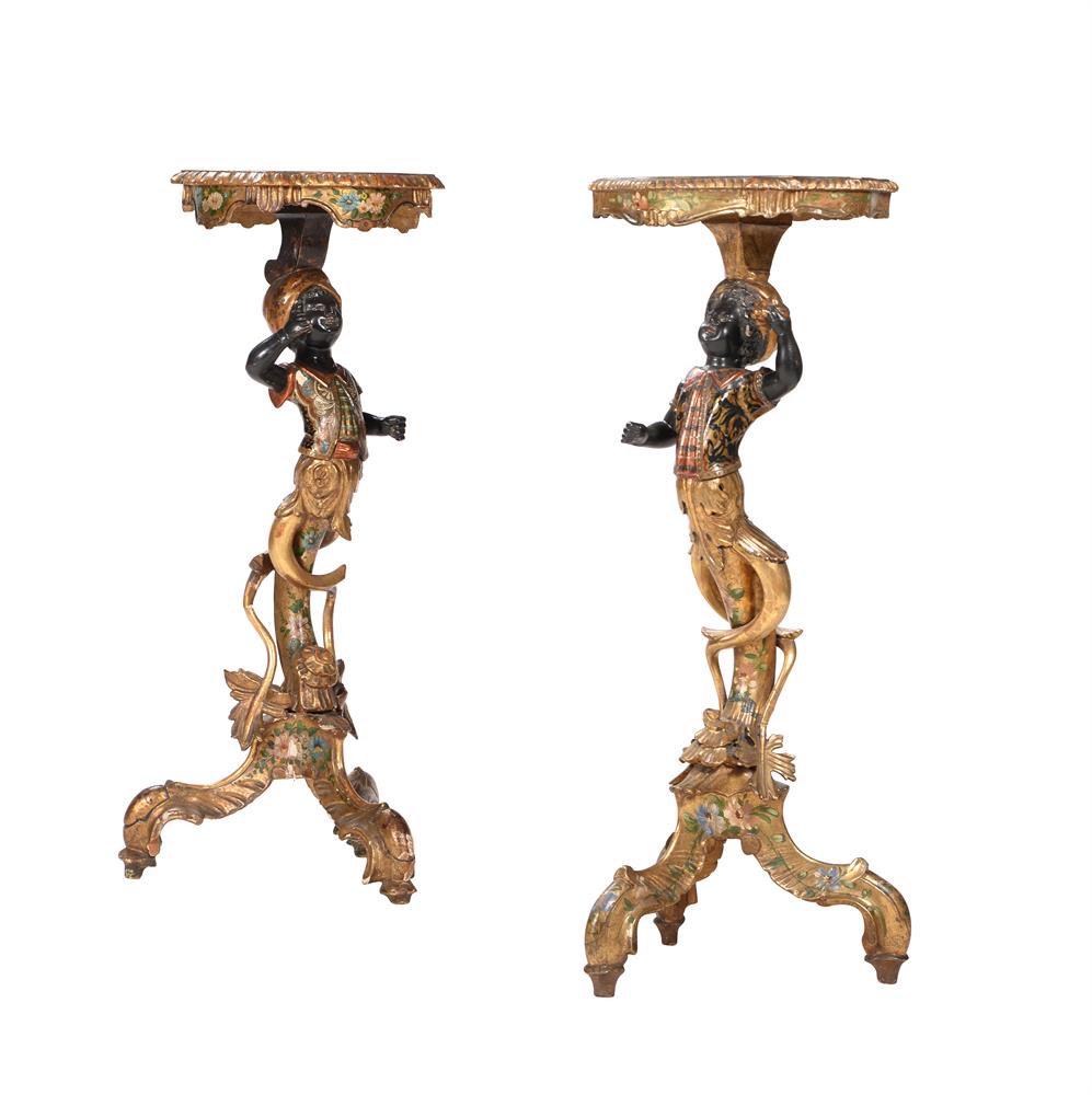 TWO SIMILAR POLYCHROME PAINTED 'BLACKAMOOR' SIDE TABLES