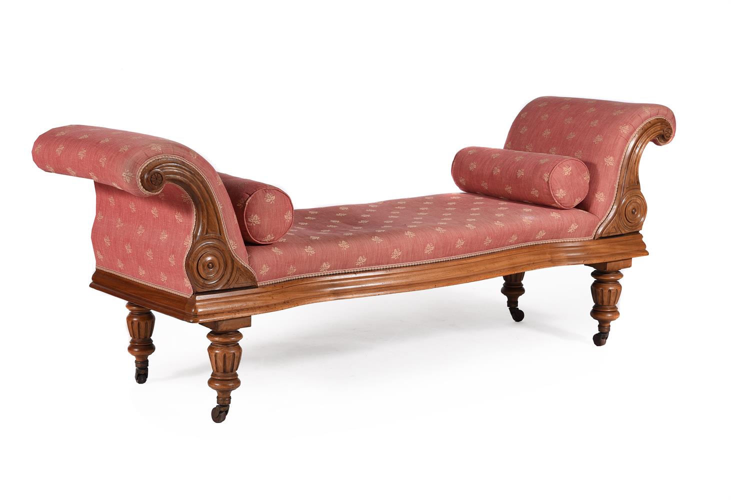 A VICTORIAN MAHOGANY AND UPHOLSTERED DAY BED OR OPEN BACK SETTEE