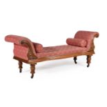 A VICTORIAN MAHOGANY AND UPHOLSTERED DAY BED OR OPEN BACK SETTEE