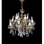 A GILT METAL AND CUT GLASS HUNG CHANDELIER20TH CENTURY