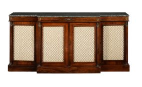 Y A ROSEWOOD AND MARBLE TOPPED BREAKFRONT SIDE CABINET