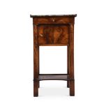 A FRENCH WALNUT AND MARBLE BEDSIDE CABINET