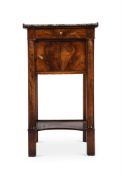 A FRENCH WALNUT AND MARBLE BEDSIDE CABINET