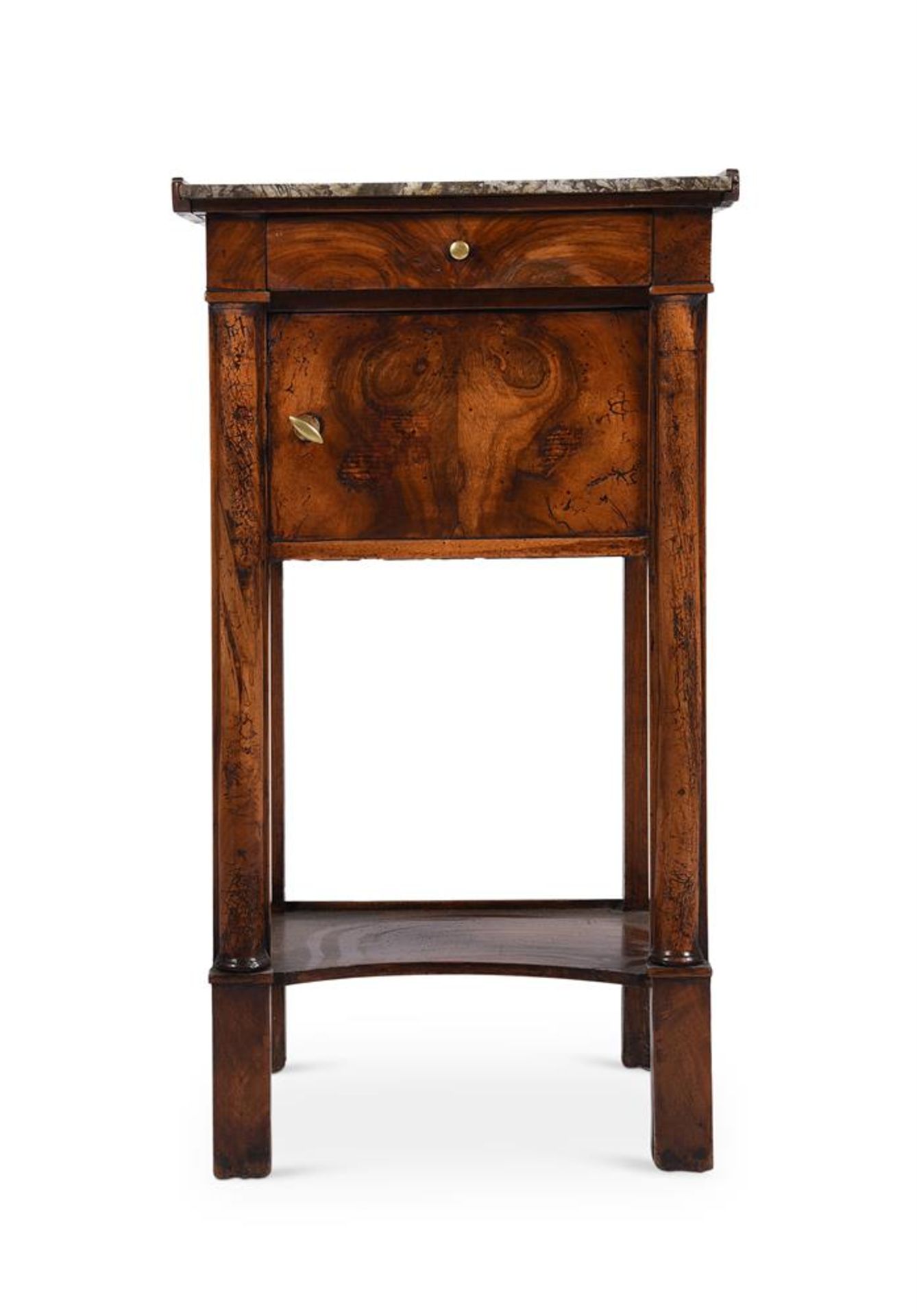 A FRENCH WALNUT AND MARBLE BEDSIDE CABINET