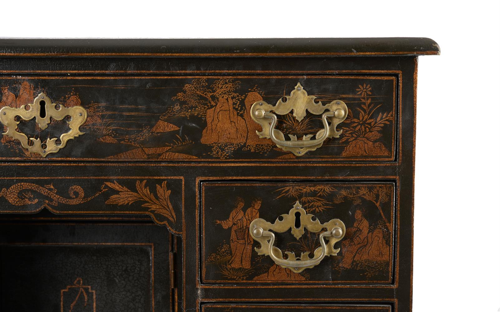 A BLACK JAPANNED AND PARCEL GILT CHINOISERIE KNEEHOLE DESKIN 18TH CENTURY STYLE - Image 3 of 4