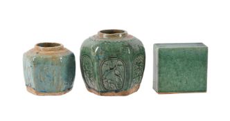 TWO CHINESE GREEN GLAZED GINGER JARS