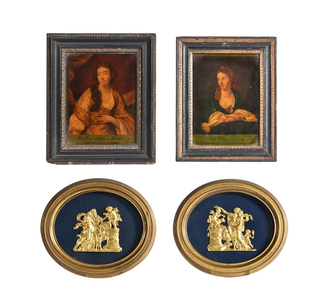 A PAIR OF GILT METAL PLAQUES, POSSIBLY FURNITURE MOUNTS