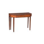 Y A GEORGE III MAHOGANY, SATINWOOD AND ROSEWOOD BANDED AND INLAID TEA TABLE