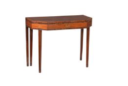 Y A GEORGE III MAHOGANY, SATINWOOD AND ROSEWOOD BANDED AND INLAID TEA TABLE