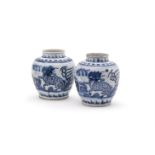A PAIR OF CHINESE BLUE AND WHITE KYLIN JARS IN 17TH CENTURY STYLE