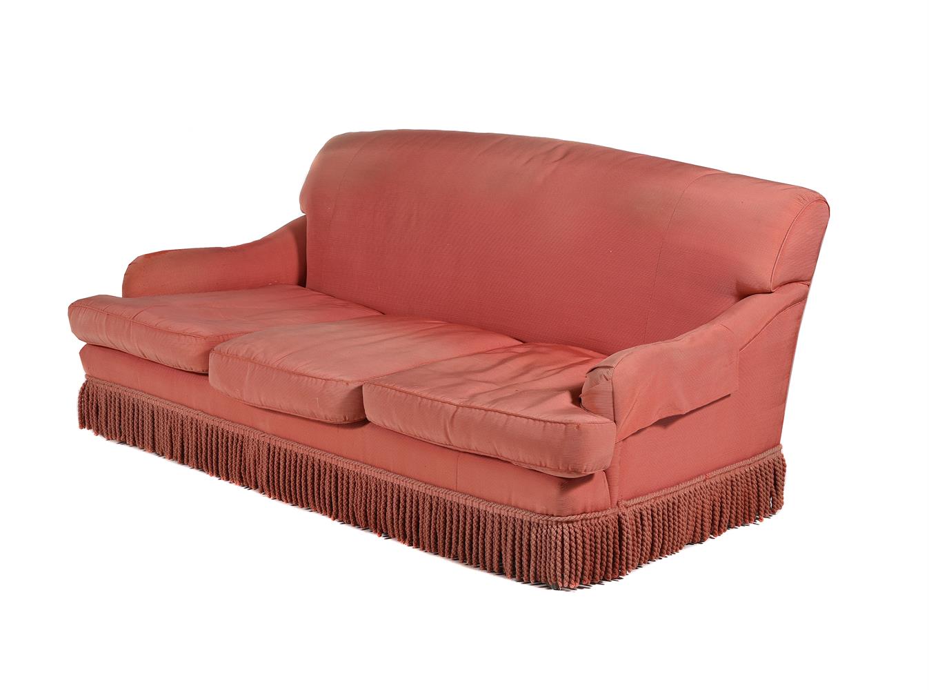 A PAIR OF CORAL PINK UPHOLSTERED THREE SEAT SOFAS - Image 2 of 2