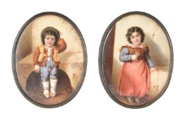 A PAIR OF GERMAN PORCELAIN OVAL PLAQUES OF CHILDREN IN FOLK DRESS