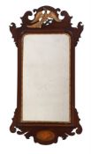 AN EDWARDIAN MAHOGANY AND INLAID FRET FRAME MIRROR IN GEORGE II STYLE