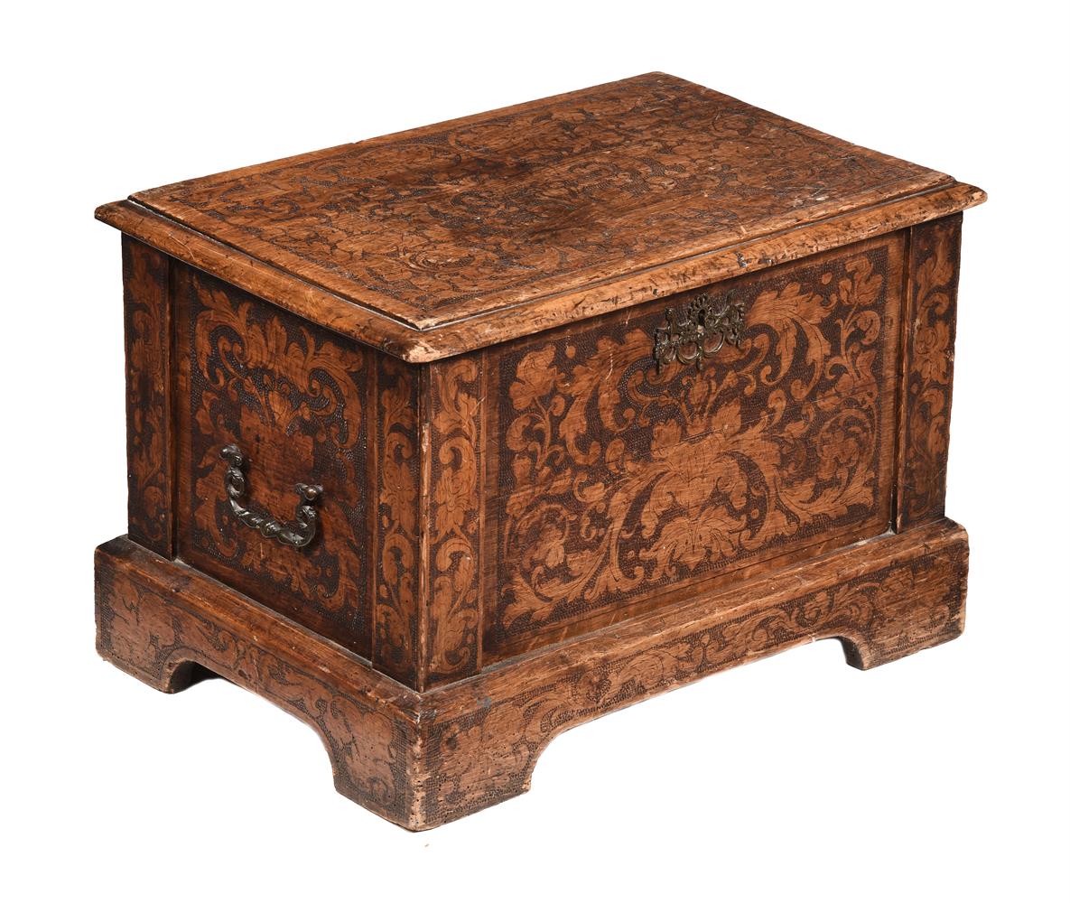 A SMALL ITALIAN WALNUT AND PUNCHWORK DECORATED CHEST