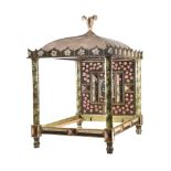 A POLYCHROME PAINTED FOUR POSTER BED DECORATED BY GRAHAM CARR