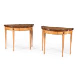 Y A PAIR OF SATINWOOD, ROSEWOOD CROSS BANDED AND POLYCHROME DECORATED DEMI-LUNE FOLDING CARD TABLES