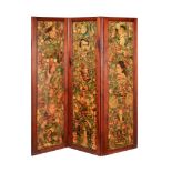 A VICTORIAN WALNUT FRAMED THREE FOLD SCREEN