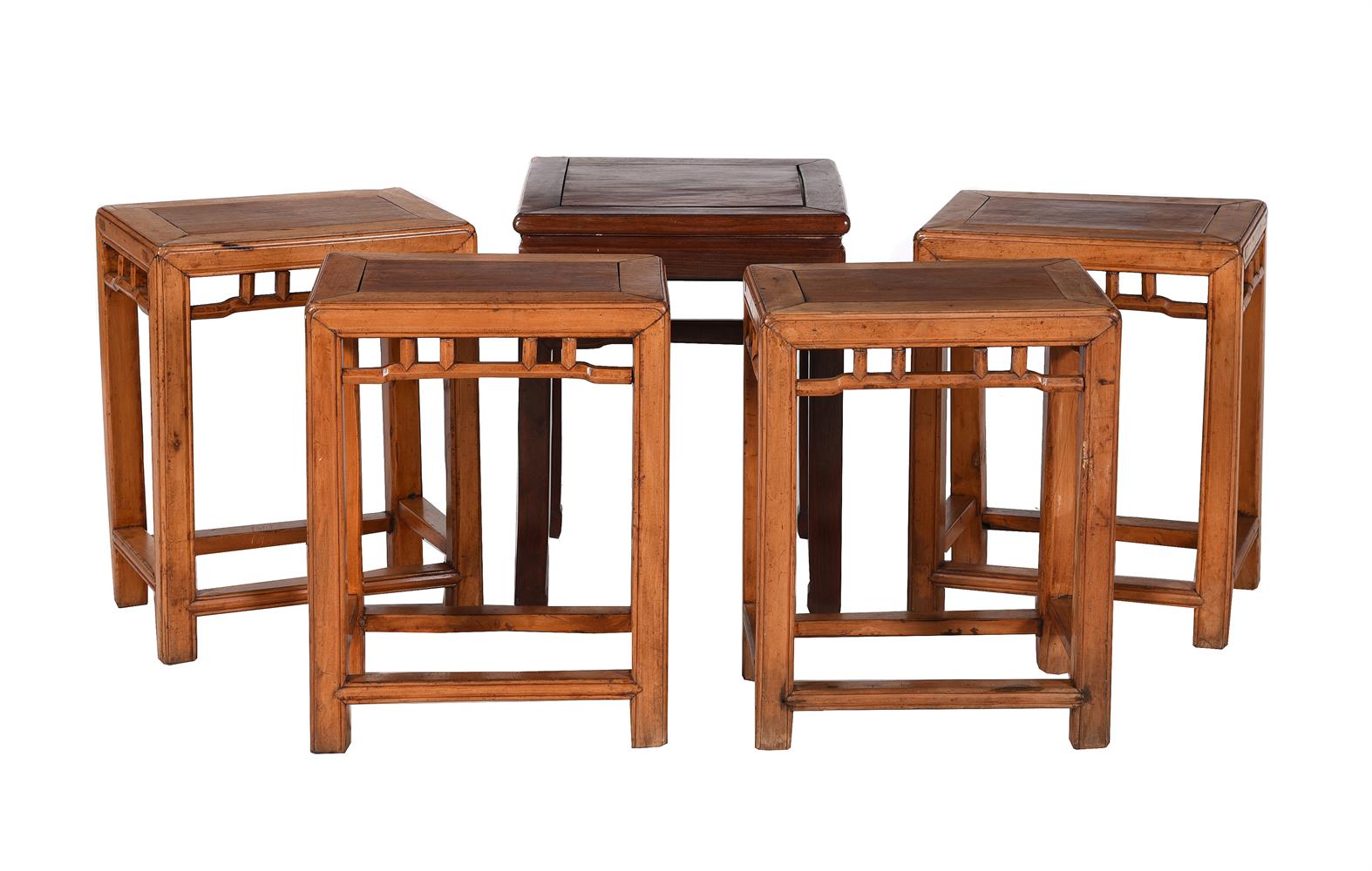 FOUR SIMILAR CHINESE EXOTIC HARDWOOD STOOLS OR LOW TABLES