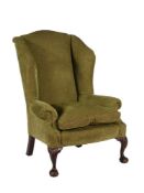 A MAHOGANY AND GREEN UPHOLSTERED ARMCHAIR IN GEORGE III STYLE