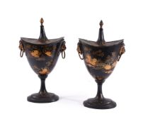 A PAIR OF CHINOISERIE DECORATED PAINTED TINWARE CHESTNUT URNS