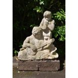 λ SIMON VERITY, A SCULPTED STONE GARDEN SCULPTURE GROUP OF A GUITARIST AND PIPER