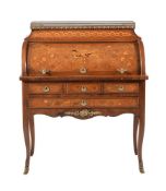 Y A FRENCH KINGWOOD, TULIPWOOD, AND MARQUETRY INLAID BUREAU A CYLINDRE